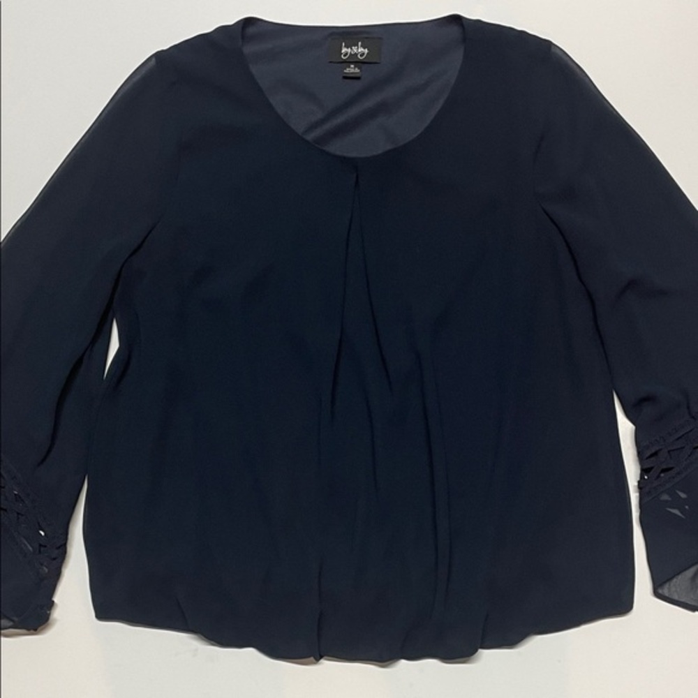 By & by Women’s Navy Bell Sleeve Blouse Sheer Crochet Detail Size Medium